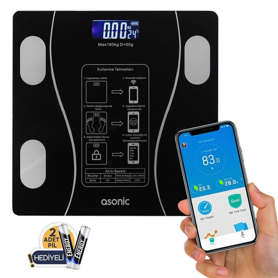 Asonic Bs260 Siyah 260X260Mm Boyutunda 2*Aaa Pil Hediyeli Dijital Bluetooth Baskül