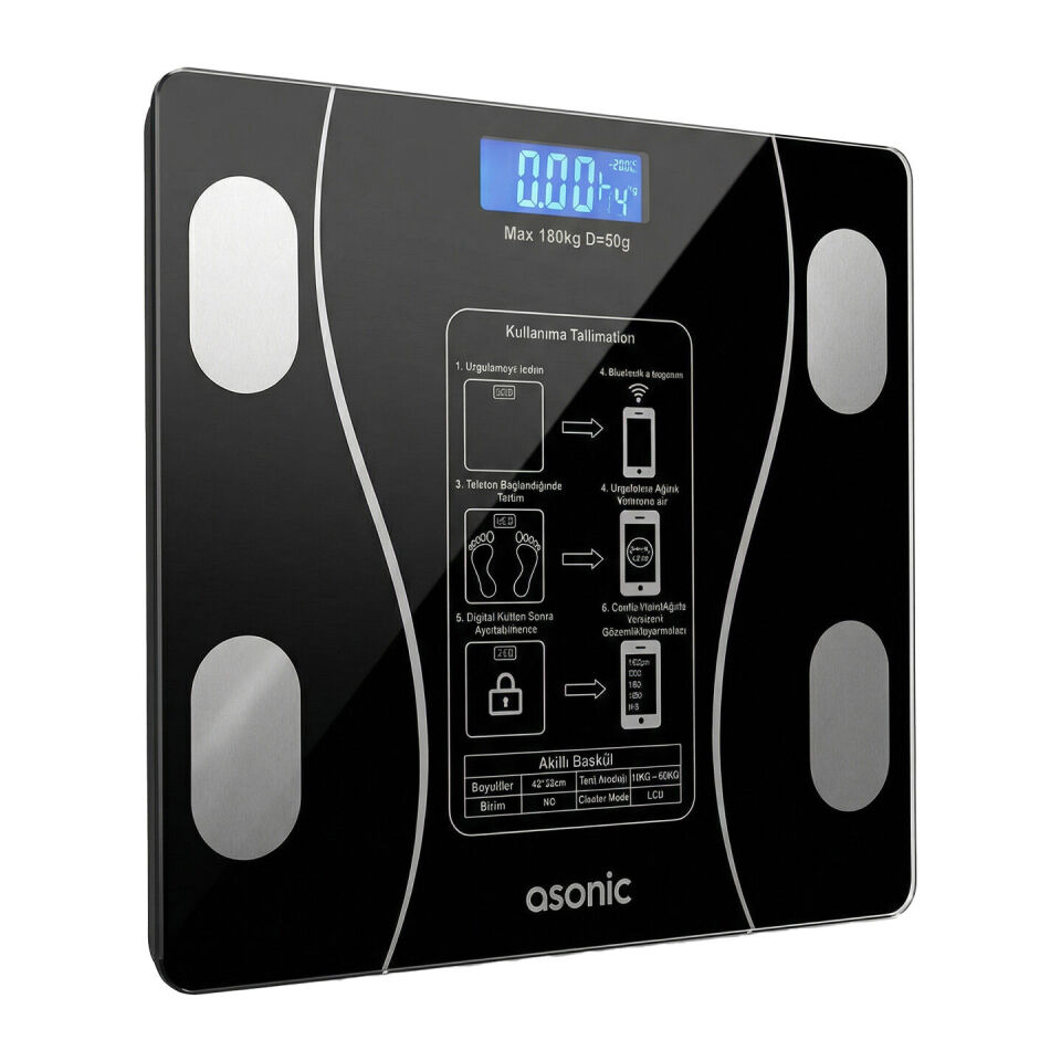 Asonic Bs260 Siyah 260X260Mm Boyutunda 2*Aaa Pil Hediyeli Dijital Bluetooth Baskül