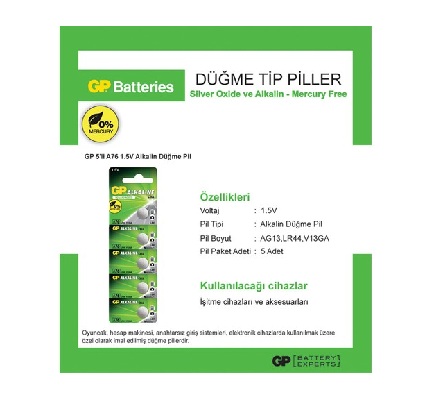 GP 5'li LR44 Alkalin Düğme Pil  (GPA76-C5)