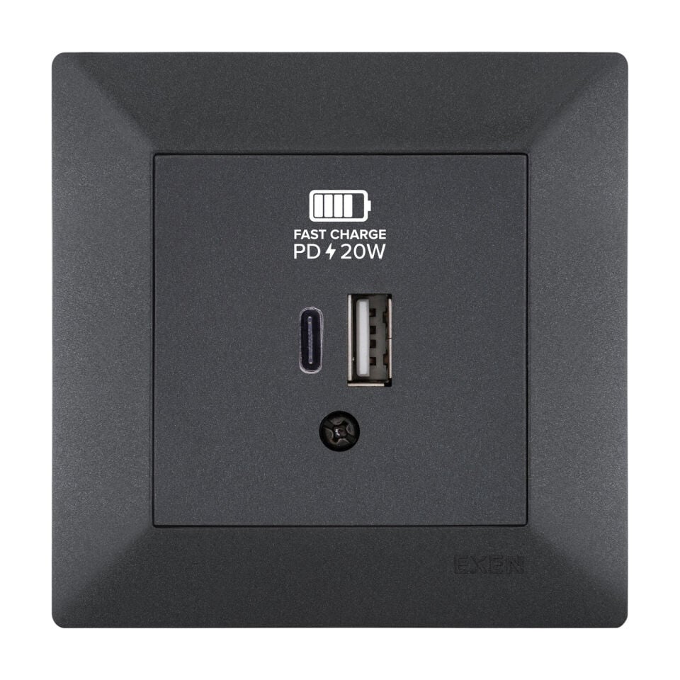 Exen Odak Antrasit 2X Usb Sarj Prizi Type-C + Type-A Komple Takim