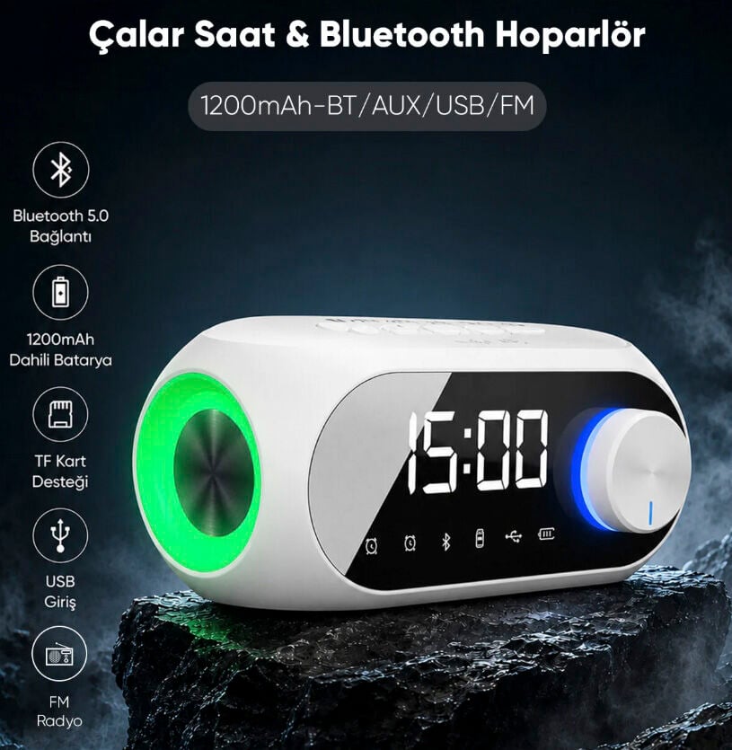 Mikado Md-W7 1200Mah 5W Beyaz Bluetooth-Aux-Derece-Usb-Fm Double Alarmli Saat Speaker
