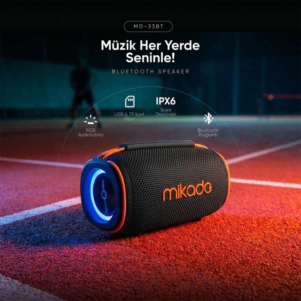 Mikado Md-33Bt Siyah Ipx6 60W Rgb Isikli 7200Mah Tf Kart+Usb Destekli Bluetooth Hoparlör