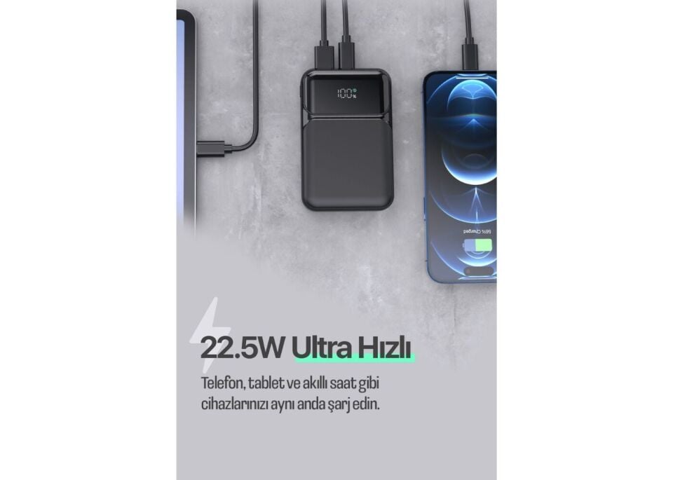 Snapron Snp-3006 10.000 Mah Pd 22.5W Usb-A Usb-C Lighting Dahili Kablolu Hizli Sarj Lcd Ekran Powerbank