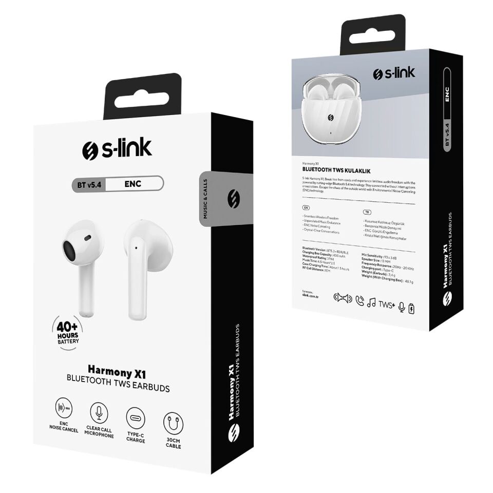 S-Link Harmony X1 Beyaz 4 Mikrofonlu Enc Bluetooth V5.4 Tws Gerçek Kablosuz Kulaklik