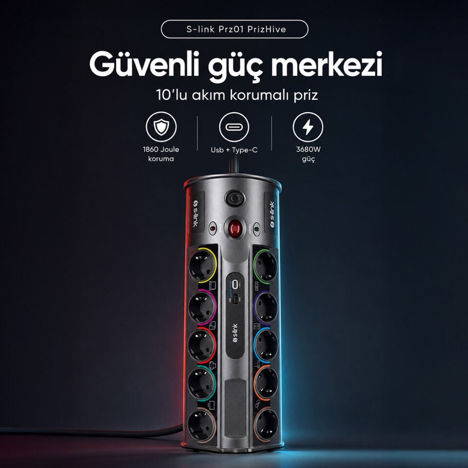 S-Link Prz01 Prizhive 3M 1860 Joule 1.5Mm 1 Usb 1 Typec 2.1A/5V 16A 250V 3680W 10Lu Akim Korumali Priz