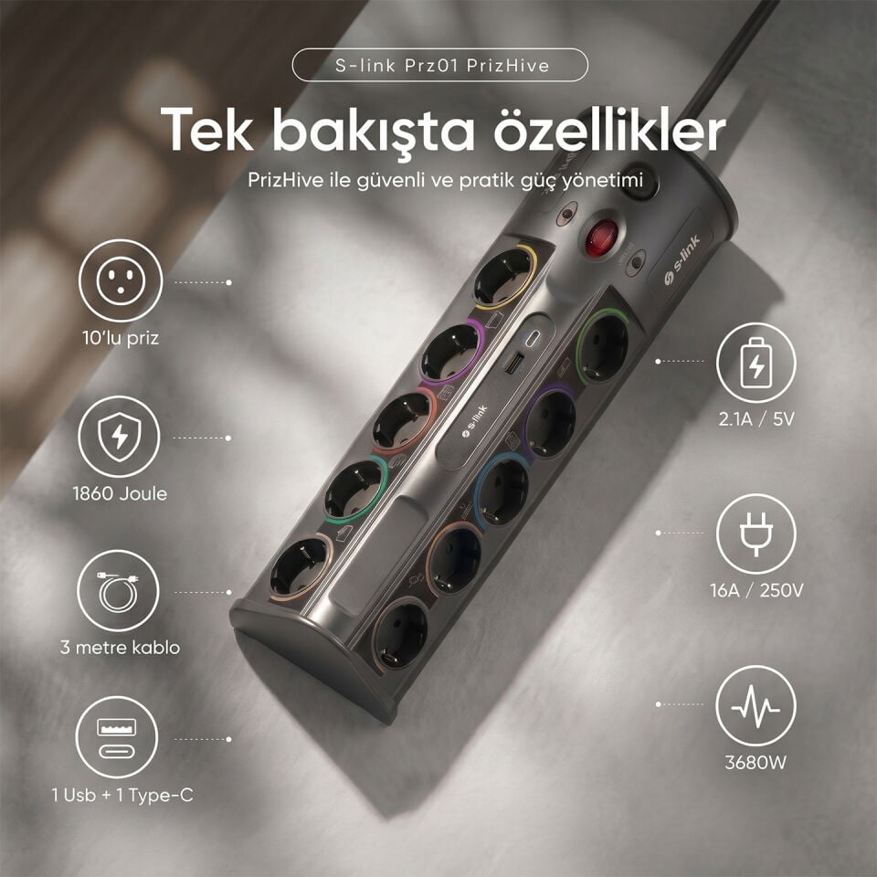 S-Link Prz01 Prizhive 3M 1860 Joule 1.5Mm 1 Usb 1 Typec 2.1A/5V 16A 250V 3680W 10Lu Akim Korumali Priz