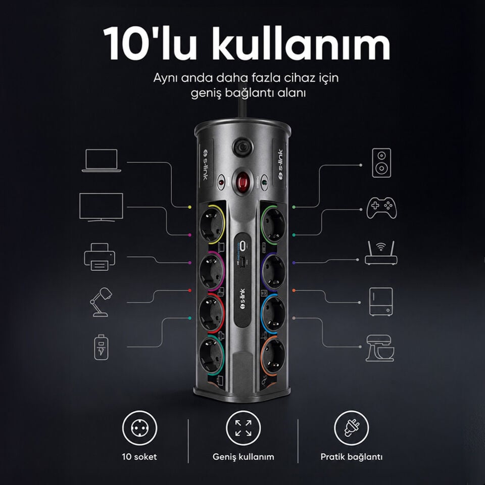 S-Link Prz01 Prizhive 3M 1860 Joule 1.5Mm 1 Usb 1 Typec 2.1A/5V 16A 250V 3680W 10Lu Akim Korumali Priz