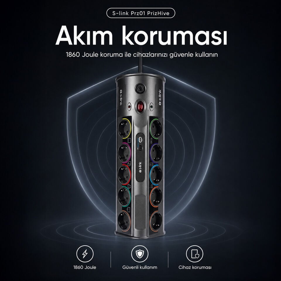S-Link Prz01 Prizhive 3M 1860 Joule 1.5Mm 1 Usb 1 Typec 2.1A/5V 16A 250V 3680W 10Lu Akim Korumali Priz