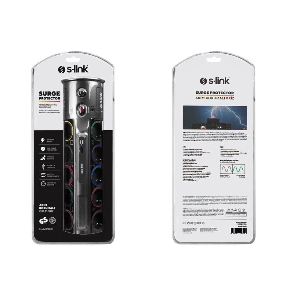 S-Link Prz01 Prizhive 3M 1860 Joule 1.5Mm 1 Usb 1 Typec 2.1A/5V 16A 250V 3680W 10Lu Akim Korumali Priz
