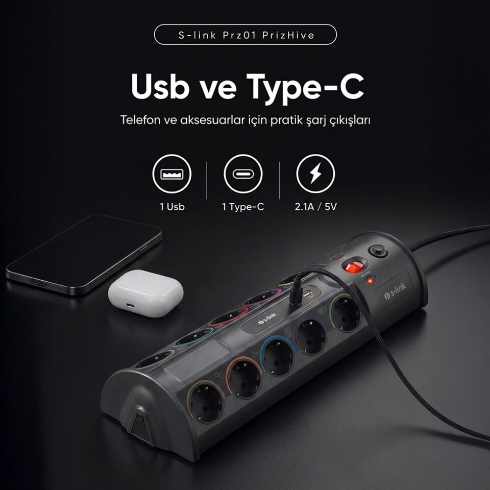 S-Link Prz01 Prizhive 3M 1860 Joule 1.5Mm 1 Usb 1 Typec 2.1A/5V 16A 250V 3680W 10Lu Akim Korumali Priz