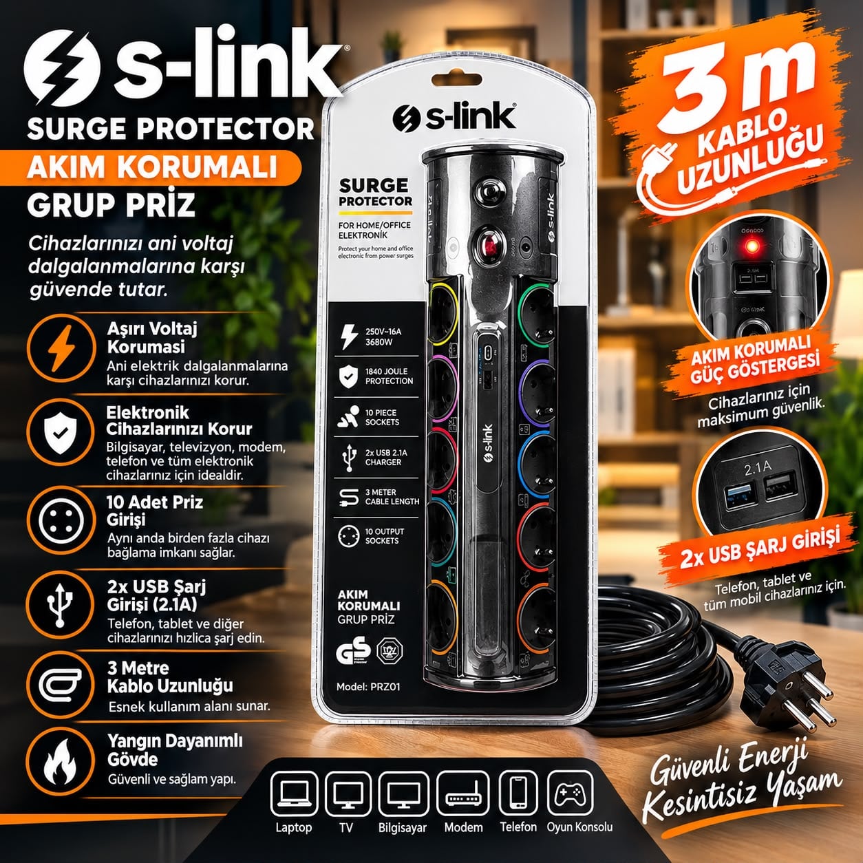 S-Link Prz01 Prizhive 3M 1860 Joule 1.5Mm 1 Usb 1 Typec 2.1A/5V 16A 250V 3680W 10Lu Akim Korumali Priz