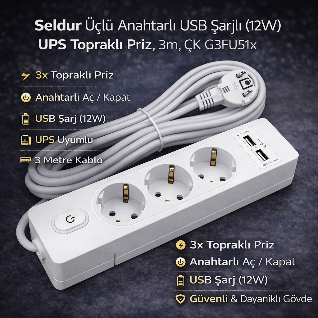 Seldur Üçlü Anahtarli USB Sarjli (12W) UPS Toprakli Priz, 3m, ÇK G3FU51x