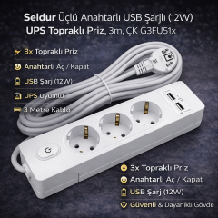 Seldur Üçlü Anahtarli USB Sarjli (12W) UPS Toprakli Priz, 3m, ÇK G3FU51x