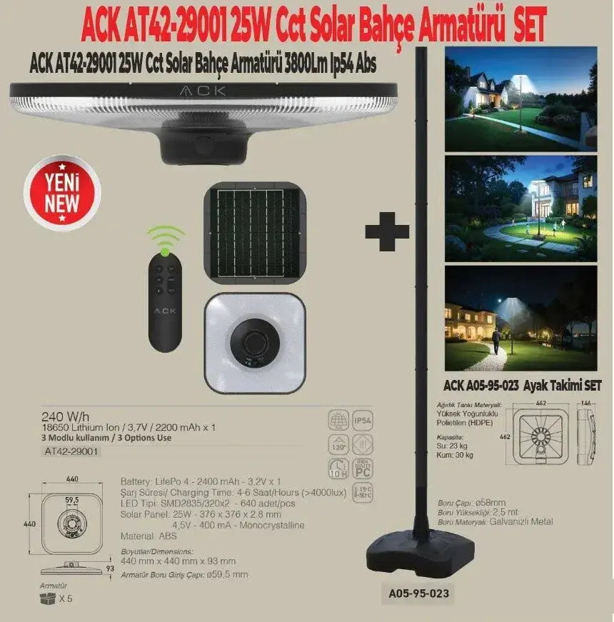 ACK AT42-29001 25W Cct Solar Bahçe Armatürü 3800Lm Ip54 Abs + ACK A05-95-023 Solar Bahçe Armatürü Ayak Takimi SET