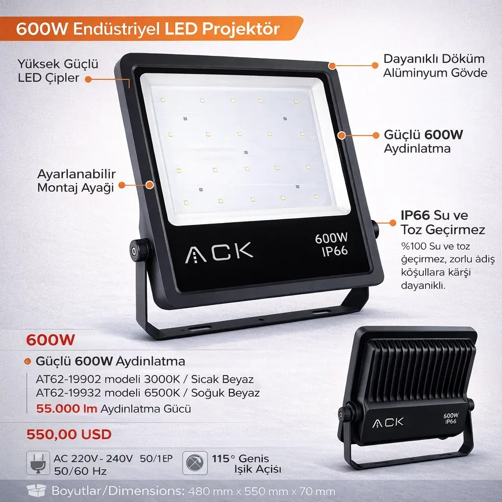 ACK AT62-19932 600W Dob Smd Led Projektör 6500K en uygun fiyatlı satıcı