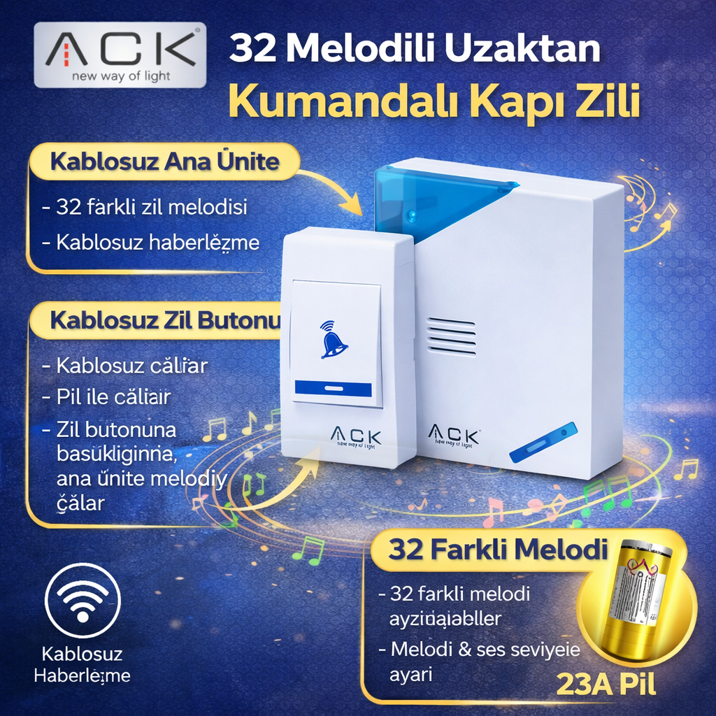 Ack 32 Melodili Uzaktan Kumandali Kapi Zili