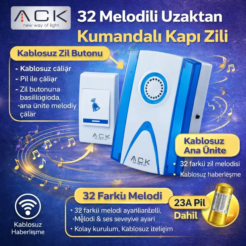 Ack 32 Melodili Uzaktan Kumandali Kapi Zili en uygun fiyatlı satıcı