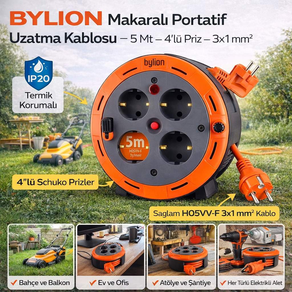 BYLION Makaralı Portatif Uzatma Kablosu 5 Mt 4 Lü Priz 3x1