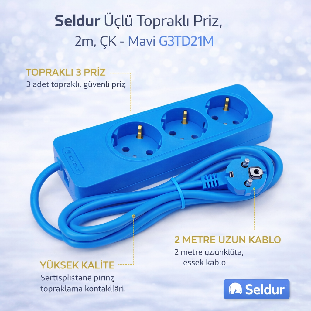 Seldur Üçlü Toprakli Priz, 2m, ÇK - Mavi G3TD21M
