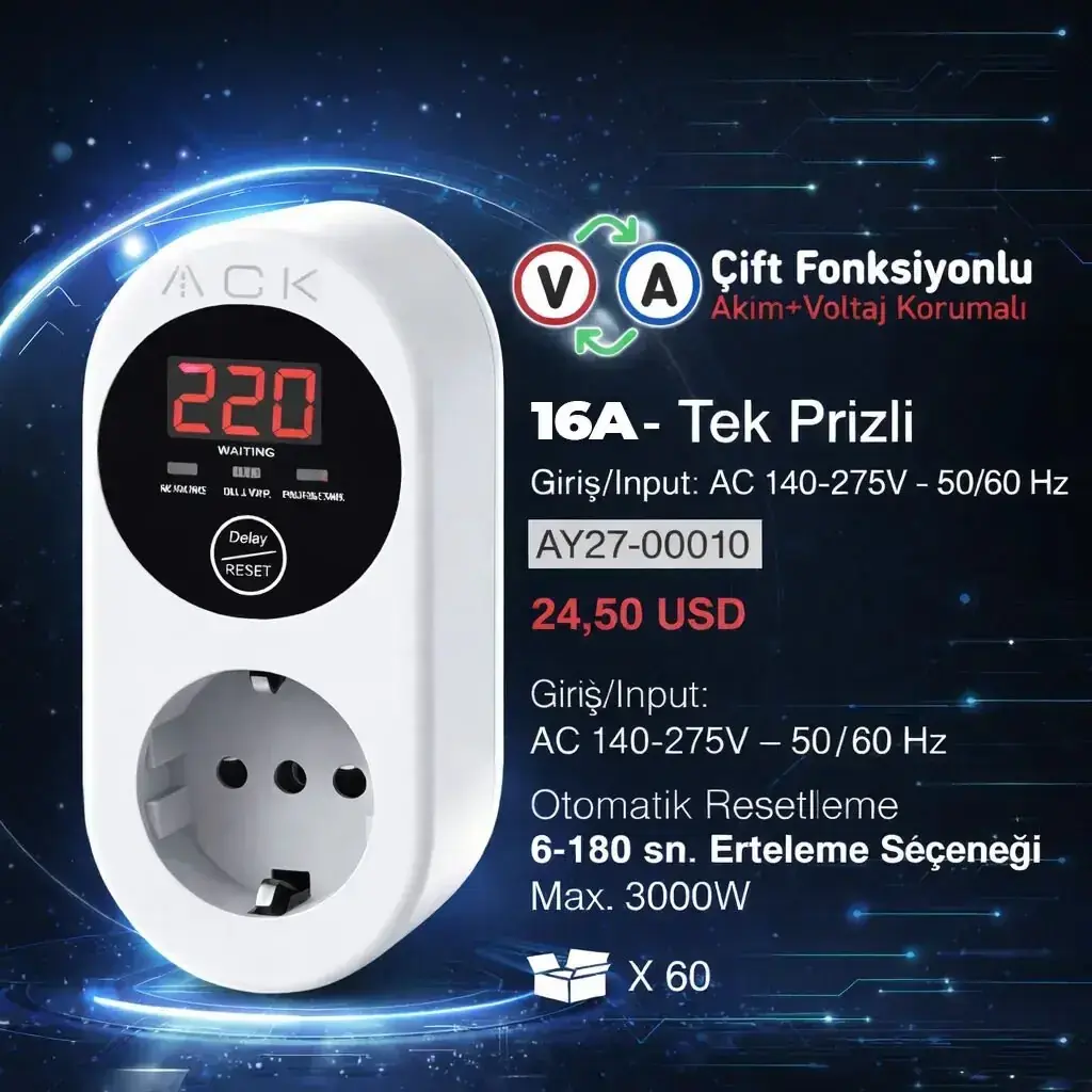 ACK AY27-00010 Voltaj Korumali Priz Pvp-04-16A 140-270V en uygun fiyatlı satıcı