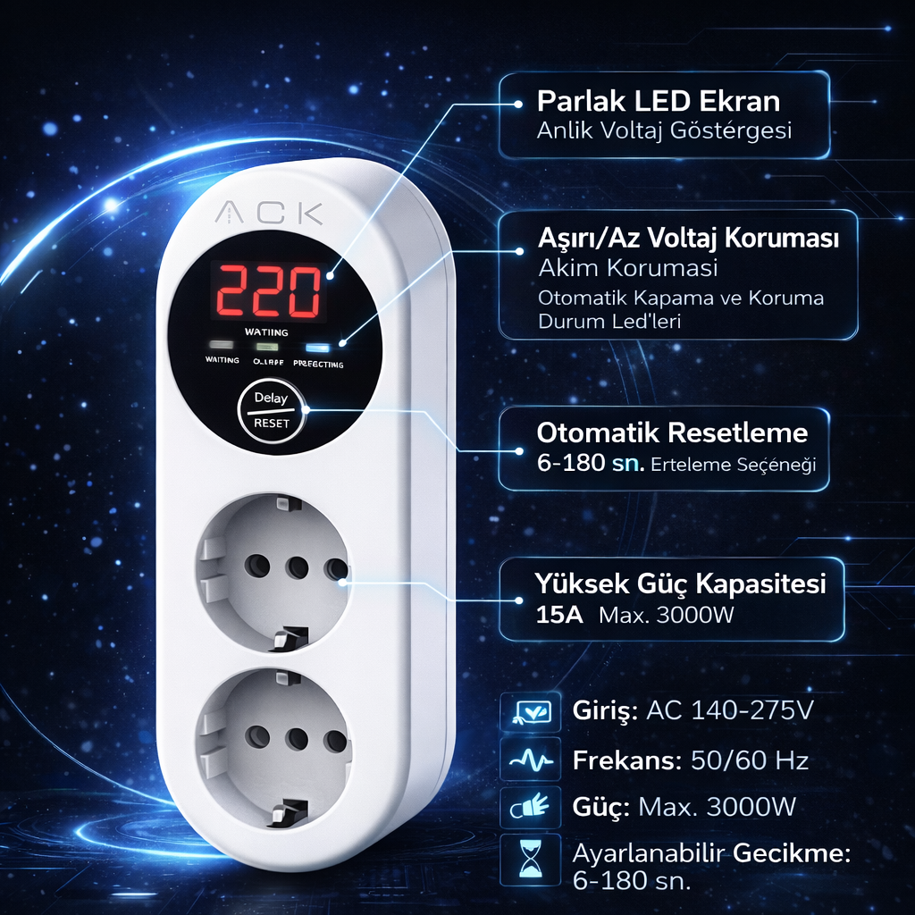 ACK AY27-00020 Voltaj Korumali Ikili Priz Pvpb-04-15A 140-270V