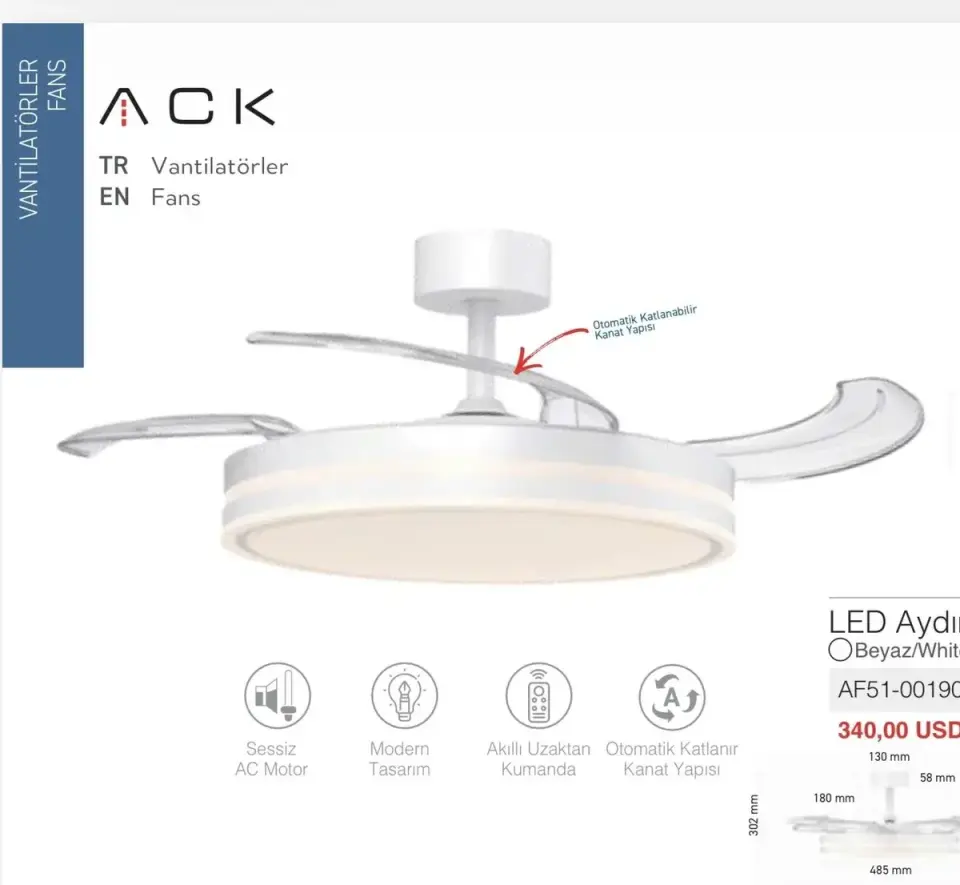 ACK AF51-00190 Led Tavan Fani Beyaz Cct 24W 42Inc(106Cm) Dimmable Uzaktan Kumandali
