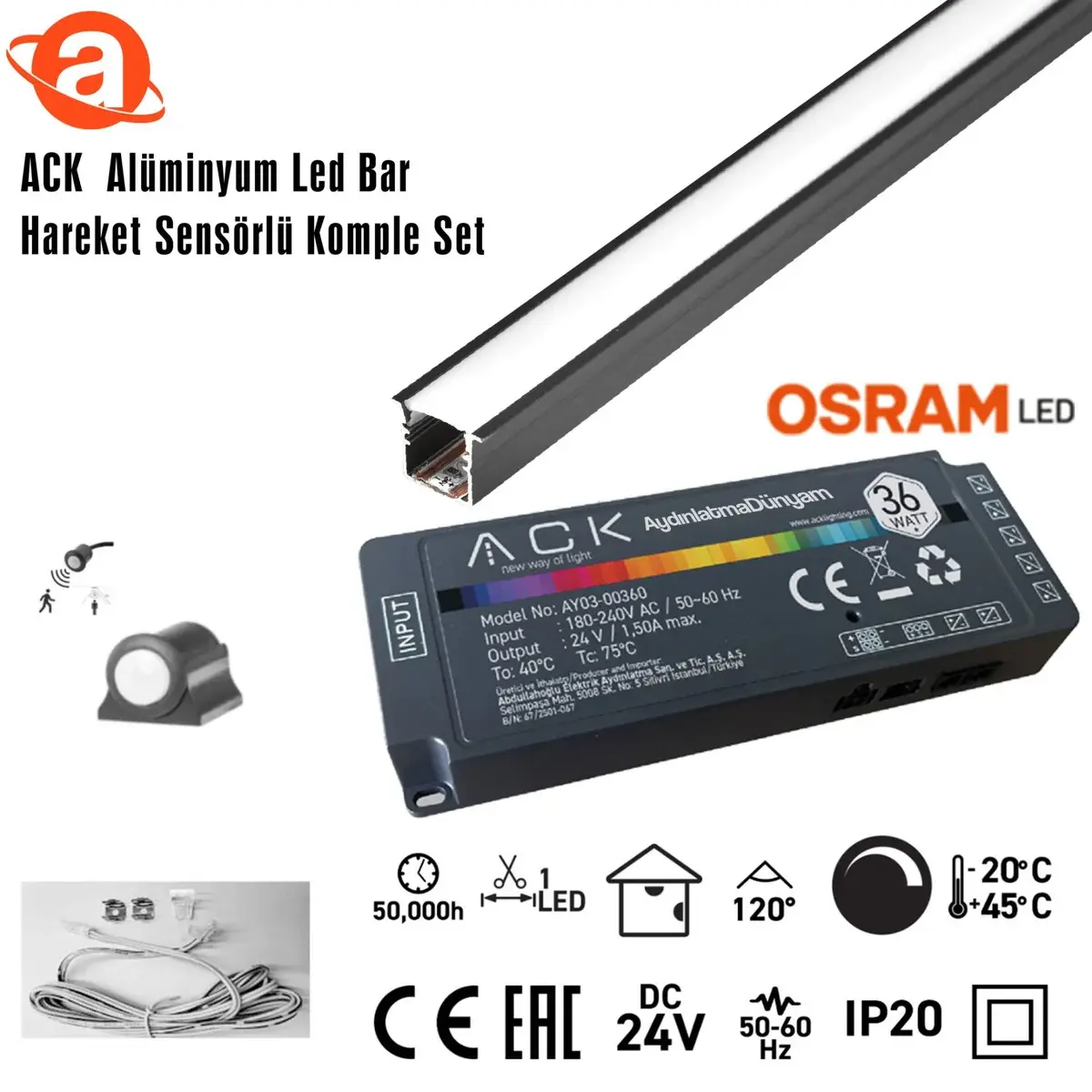 ACK AB01-03233 24V Alüminyum Led Bar 6500K 3Mt  Hareket Sensörlü Komple Set