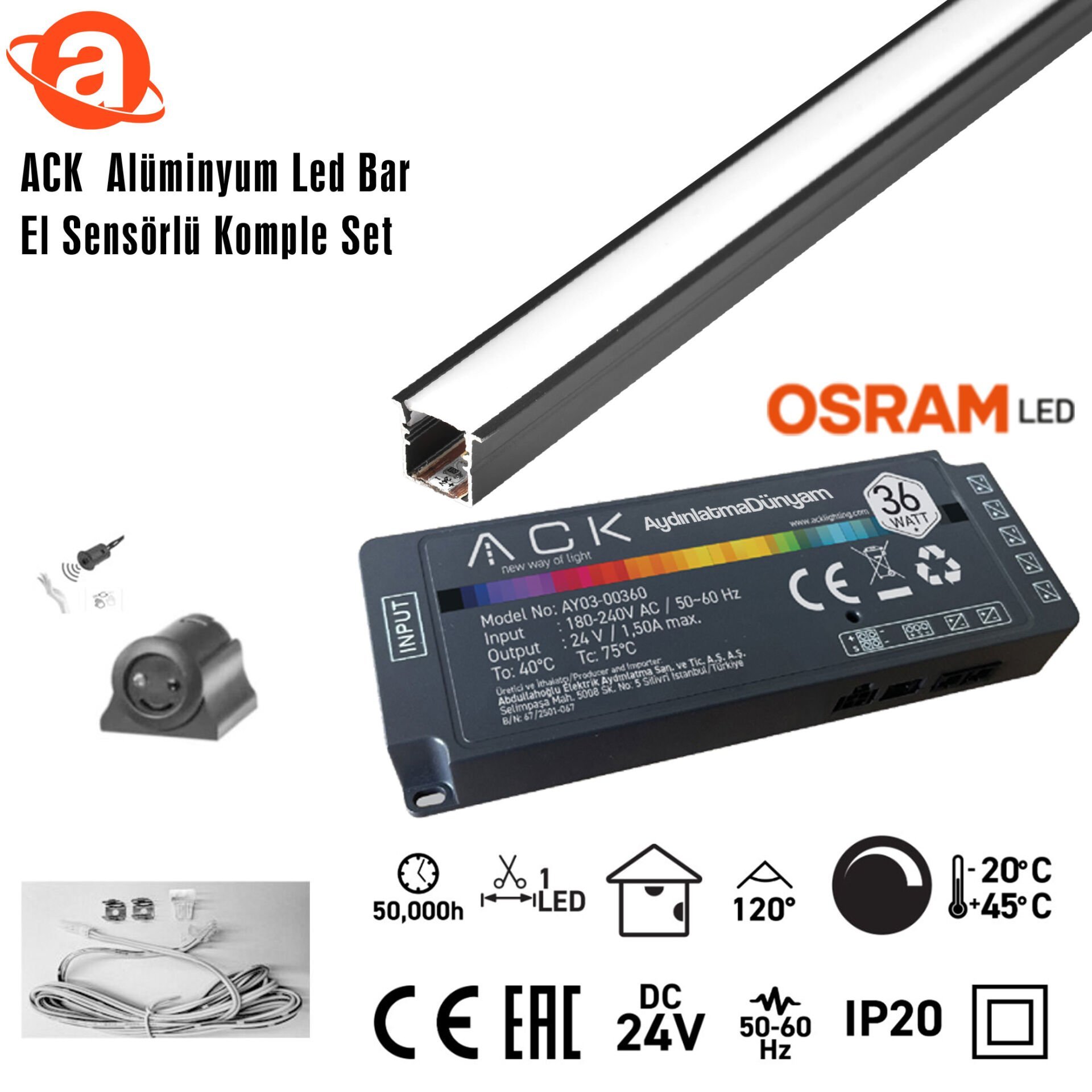 ACK AB01-02203 24V Alüminyum Led Bar 3000K 2Mt  El Sensörlü Komple Set