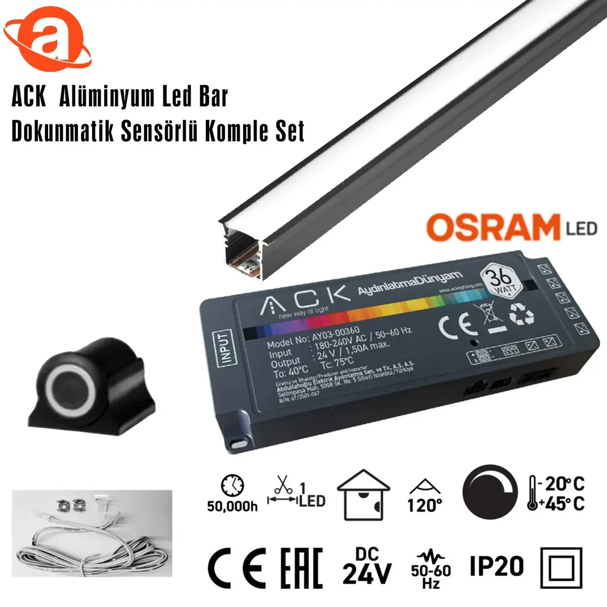 ACK AB01-02203 24V Alüminyum Led Bar 3000K 2Mt  Dokunmatik Sensörlü Komple Set