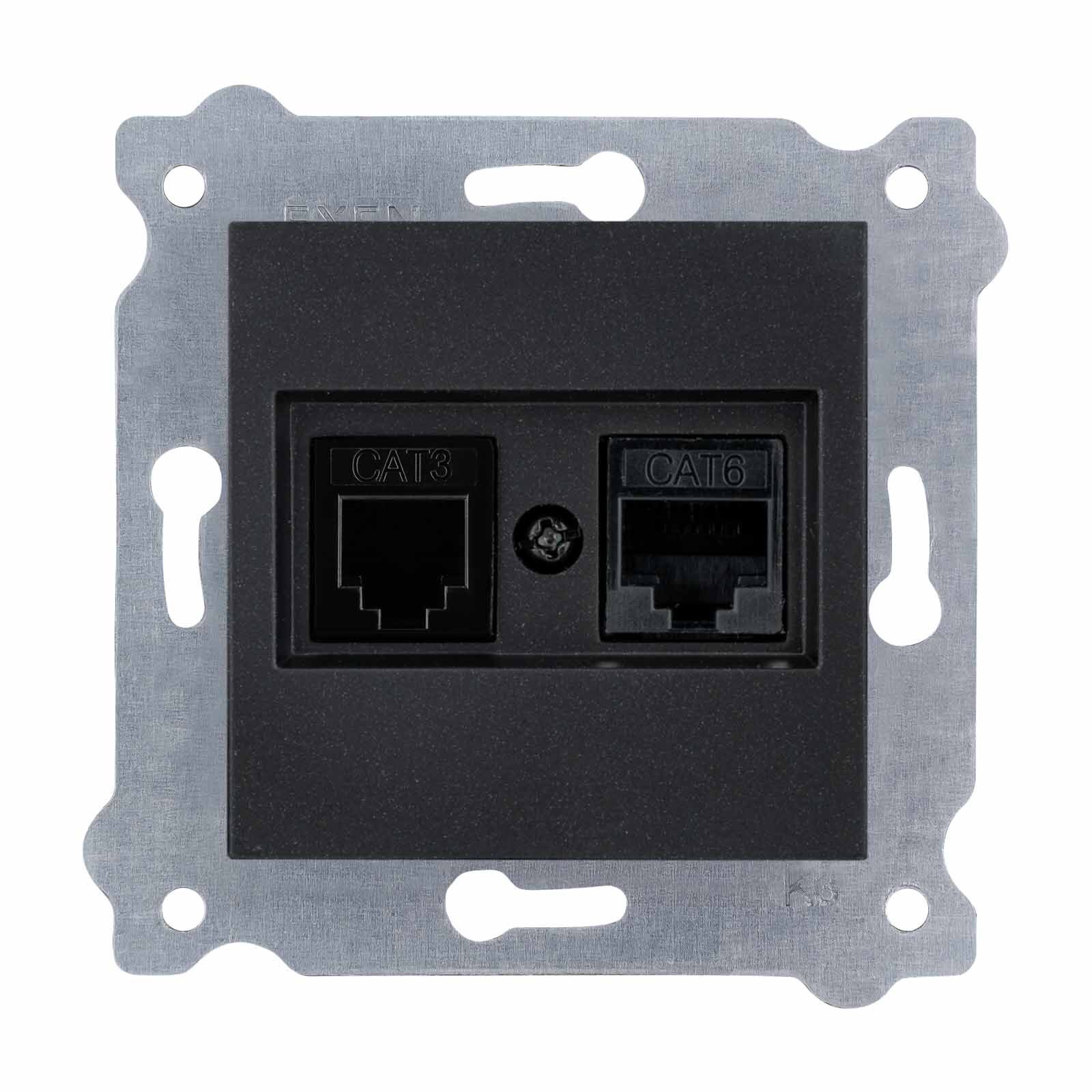 Exen Metalik Siyah Modül+Kapak  Data Cat6 + Nümeris Telefon Prizi Cat3