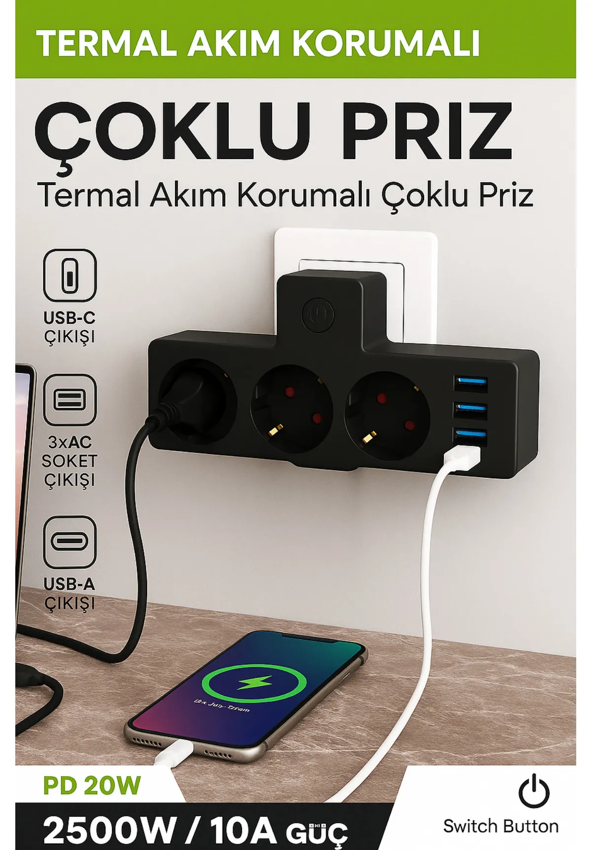 Strip Power Termal Akim Korumali Çoklu Priz