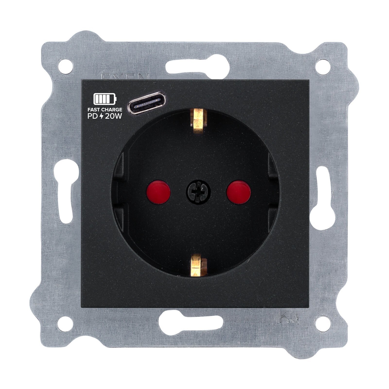 Exen Metalik Siyah Modül+Kapak  Toprakli Priz + Type-C