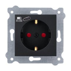 Exen Metalik Siyah Modül+Kapak  Toprakli Priz + Type-C