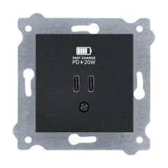 Exen Metalik Siyah Modül+Kapak  2X Usb Sarj Prizi Type-C