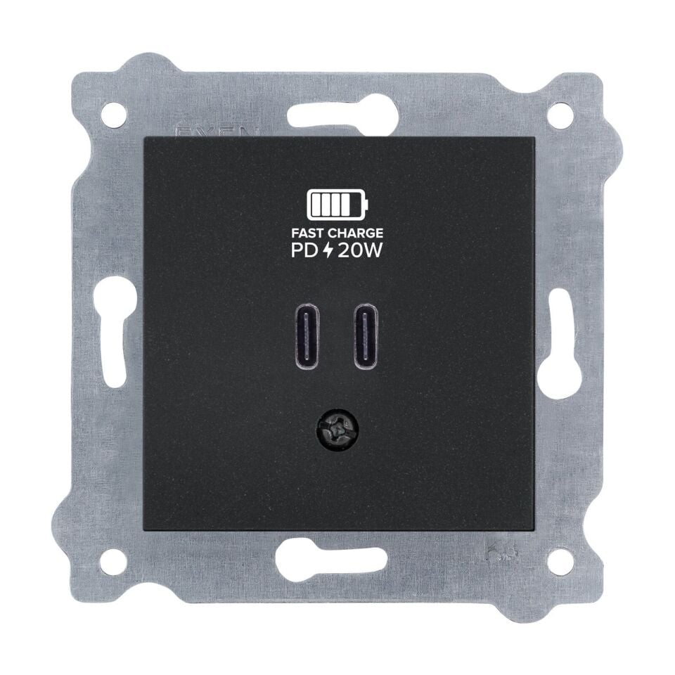 Exen Metalik Siyah Modül+Kapak  2X Usb Sarj Prizi Type-C