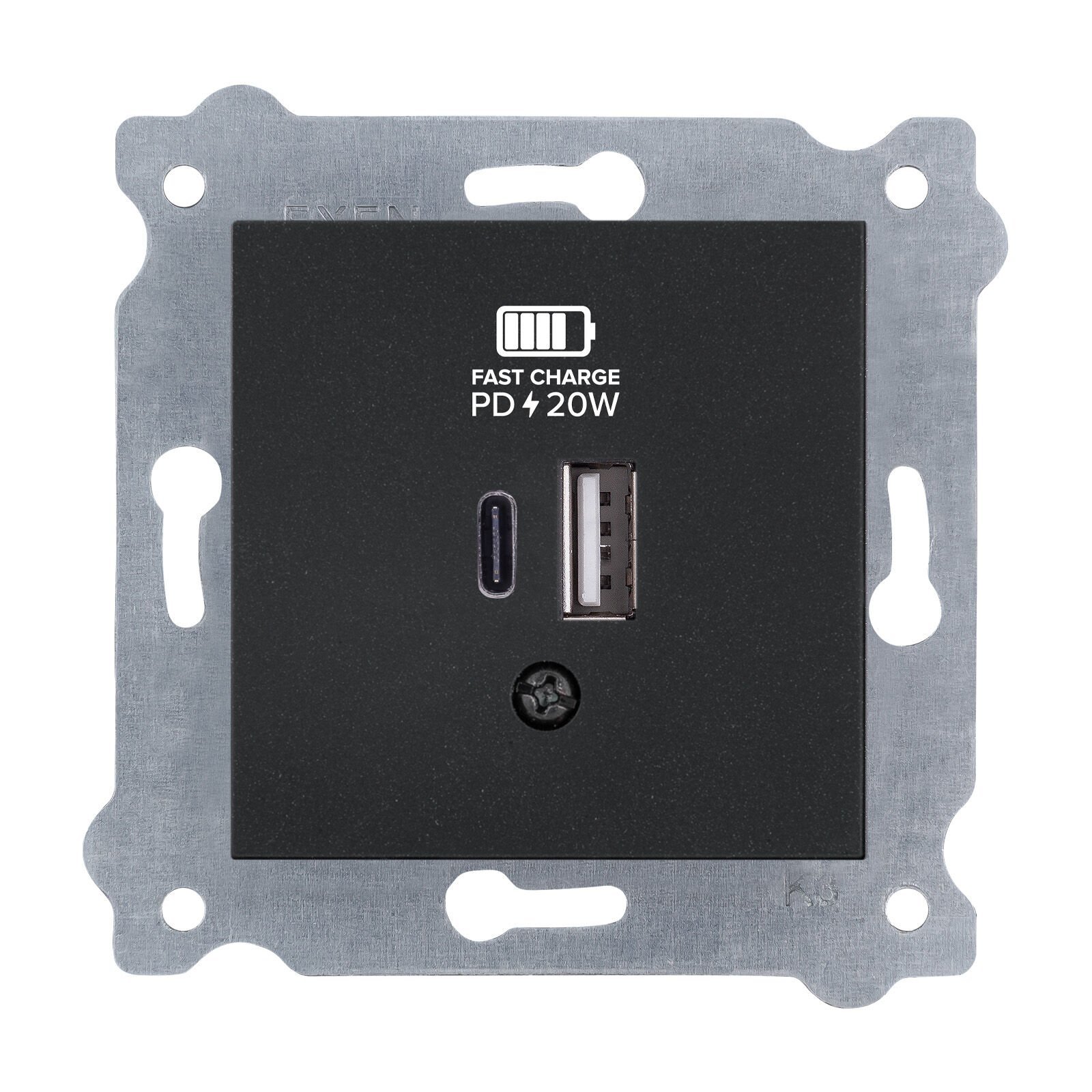 Exen Metalik Siyah Modül+Kapak  2X Usb Sarj Prizi Type-C + Type-A