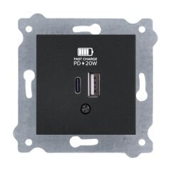 Exen Metalik Siyah Modül+Kapak  2X Usb Sarj Prizi Type-C + Type-A