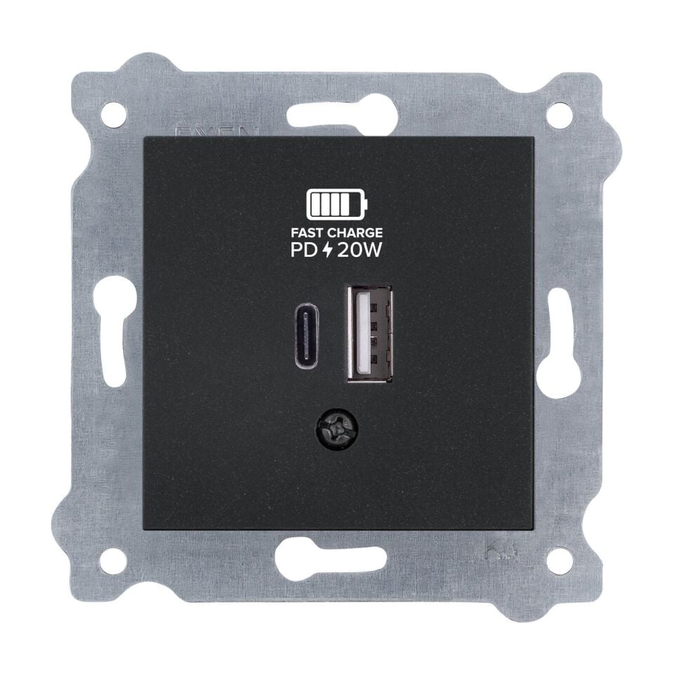Exen Metalik Siyah Modül+Kapak  2X Usb Sarj Prizi Type-C + Type-A