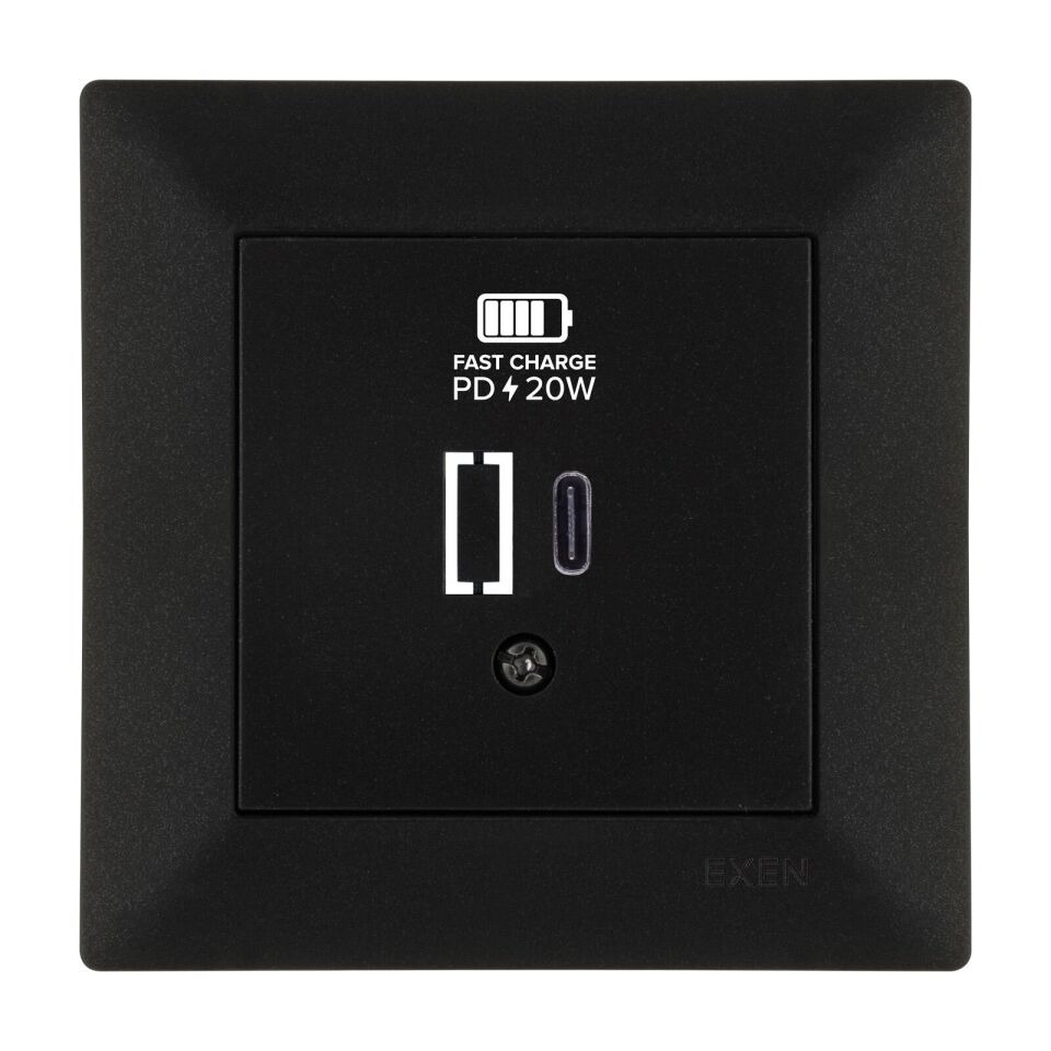 Exen Odak Metalik Siyah Usb Sarj Prizi Type-C  Komple Takim