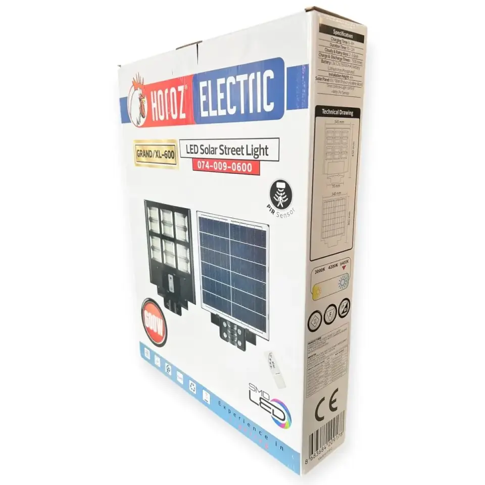 Horoz 600W Güneş Enerjili Solar LED Sokak Lambası Uzaktan Kumandalı Sensörlü Grand-XL 600