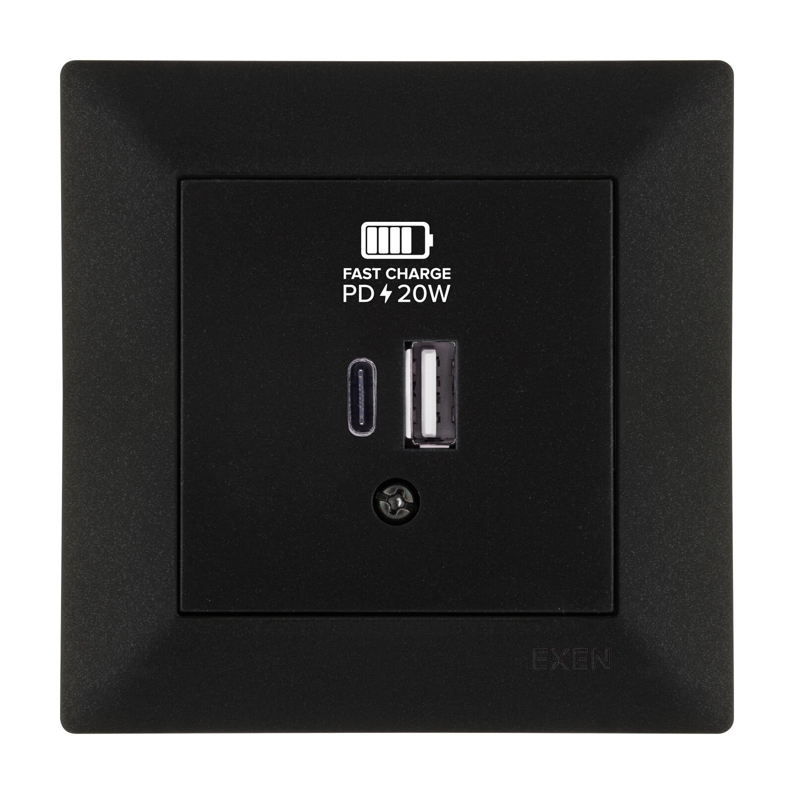 Exen Odak Metalik Siyah 2X Usb Sarj Prizi Type-C + Type-A Komple Takim