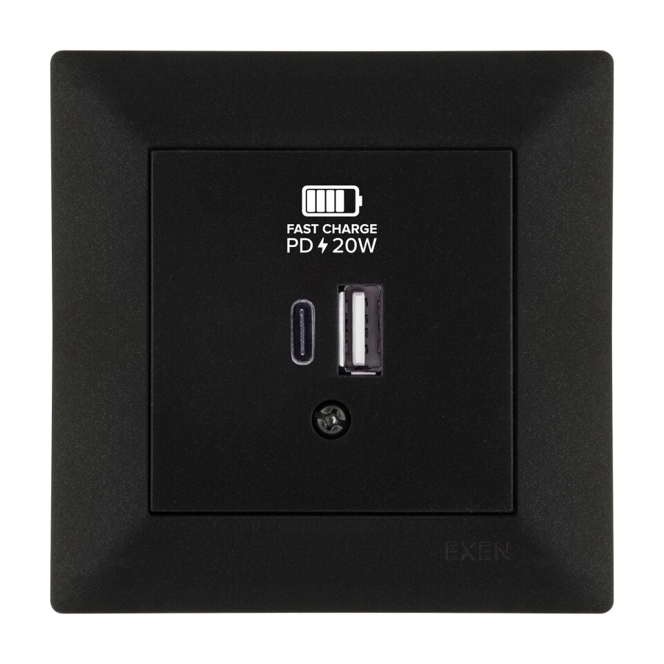 Exen Odak Metalik Siyah 2X Usb Sarj Prizi Type-C + Type-A Komple Takim