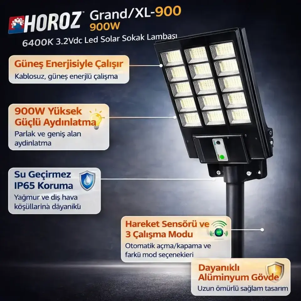 Horoz 900W Güneş Enerjili Solar LED Sokak Lambası Uzaktan Kumandalı Sensörlü Grand-XL 900