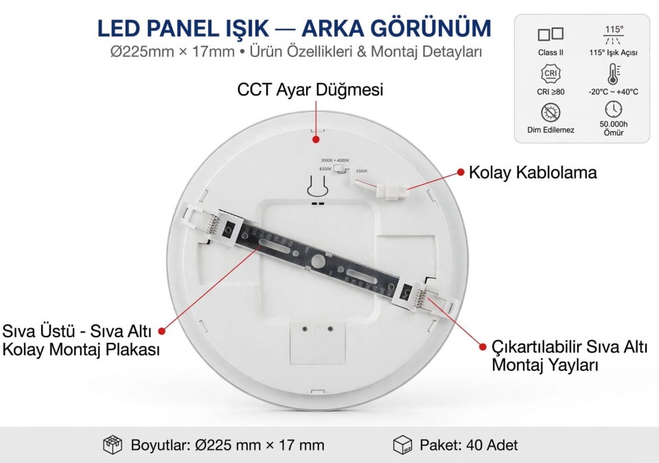 ACK AP03-01890 18W Beyaz Cct Siva Üstü Yuvarlak Led Panel