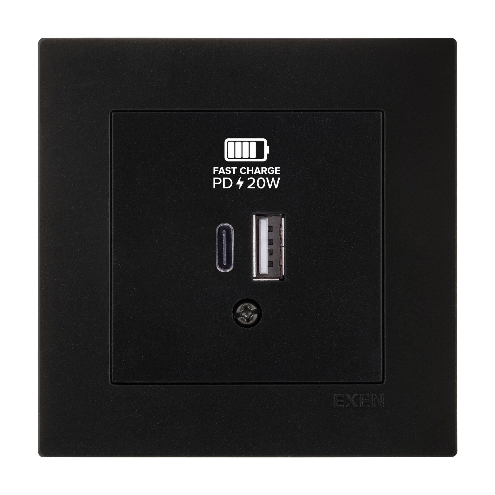 Exen Karell Metalik Siyah 2X Usb Sarj Prizi Type-C + Type-A Komple Takim