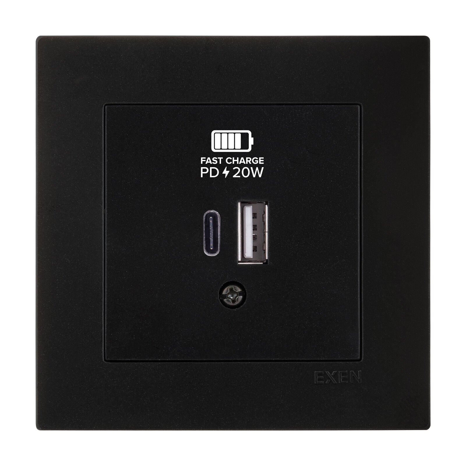 Exen Karell Metalik Siyah 2X Usb Sarj Prizi Type-C + Type-A Komple Takim