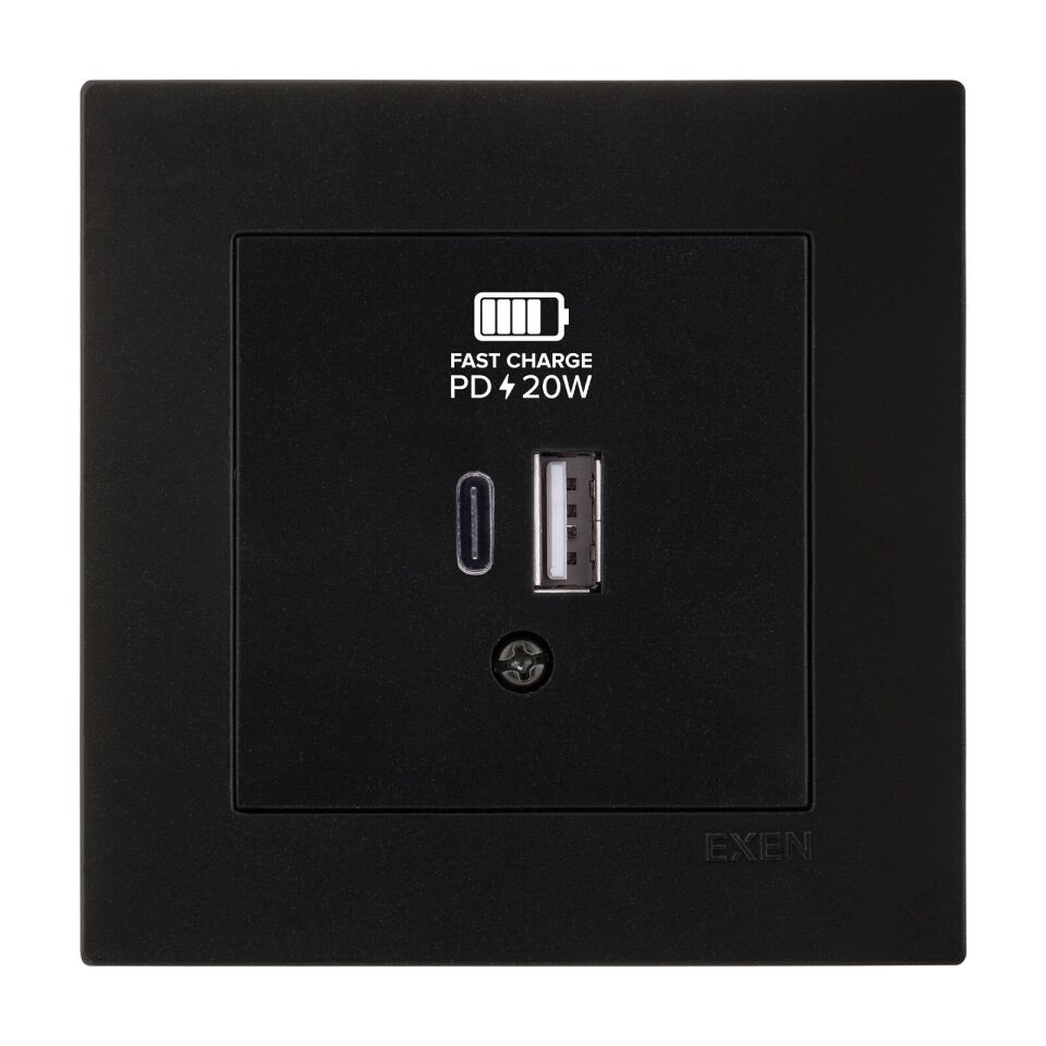 Exen Karell Metalik Siyah 2X Usb Sarj Prizi Type-C + Type-A Komple Takim