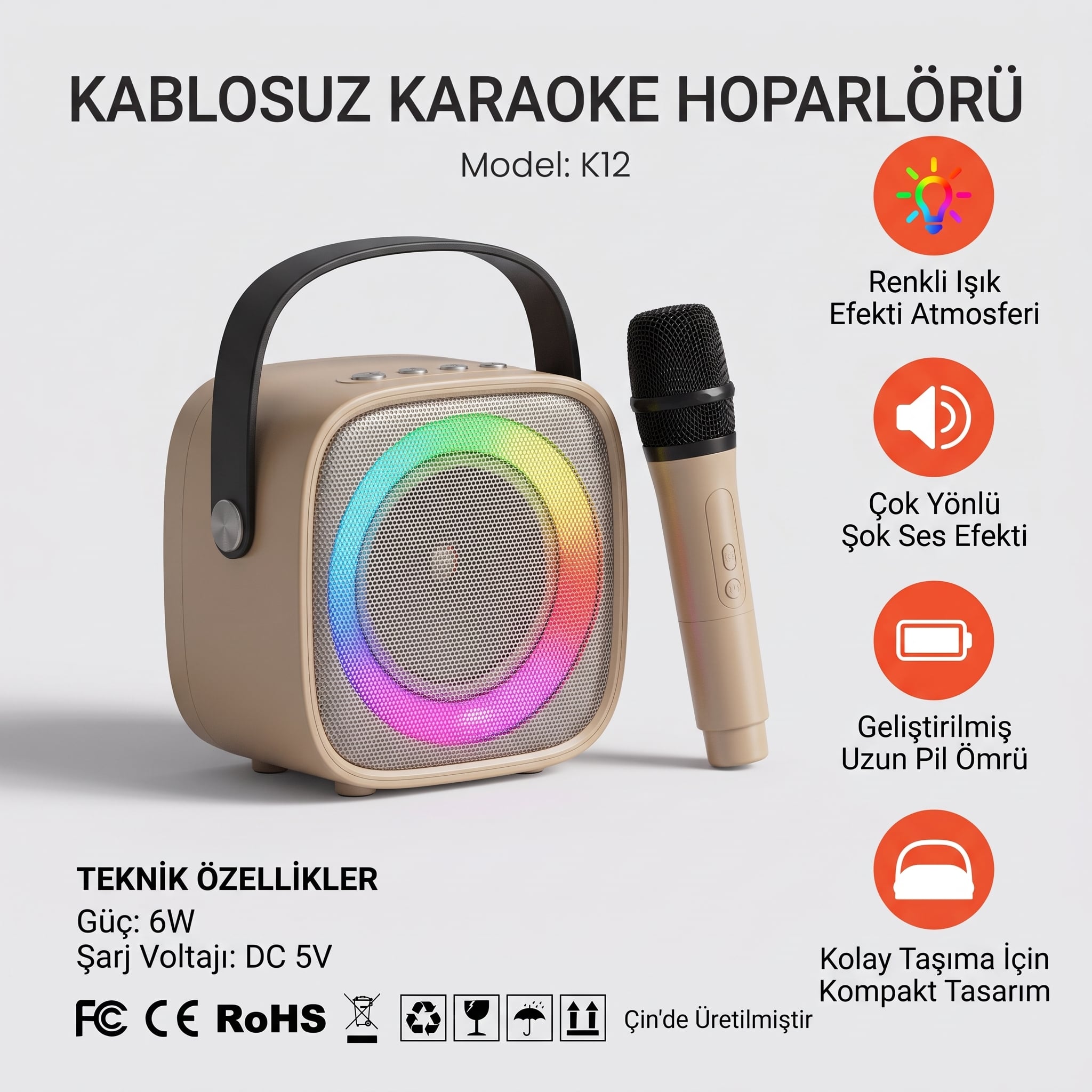 Platoon PL-4666 Mikrofonlu Rgb Işıklı Usb Ve Sd Girişli Bluetooth Karaoke Speaker