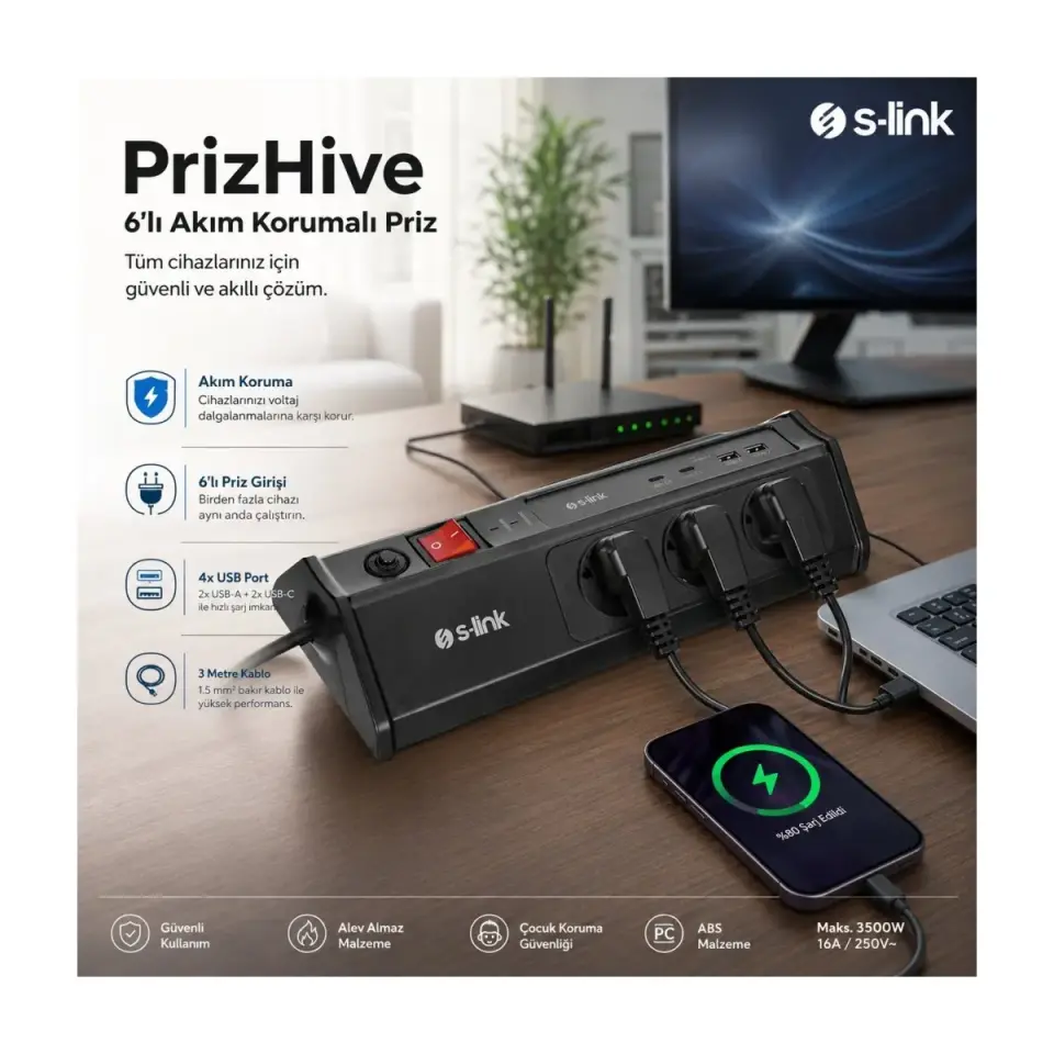 S-Link Prz03 Akim Korumali Priz Prizhive 3M 630 Joule 1.5Mm 2 Usb 2 Typec 2.4A/5V500V 6000V 6Li