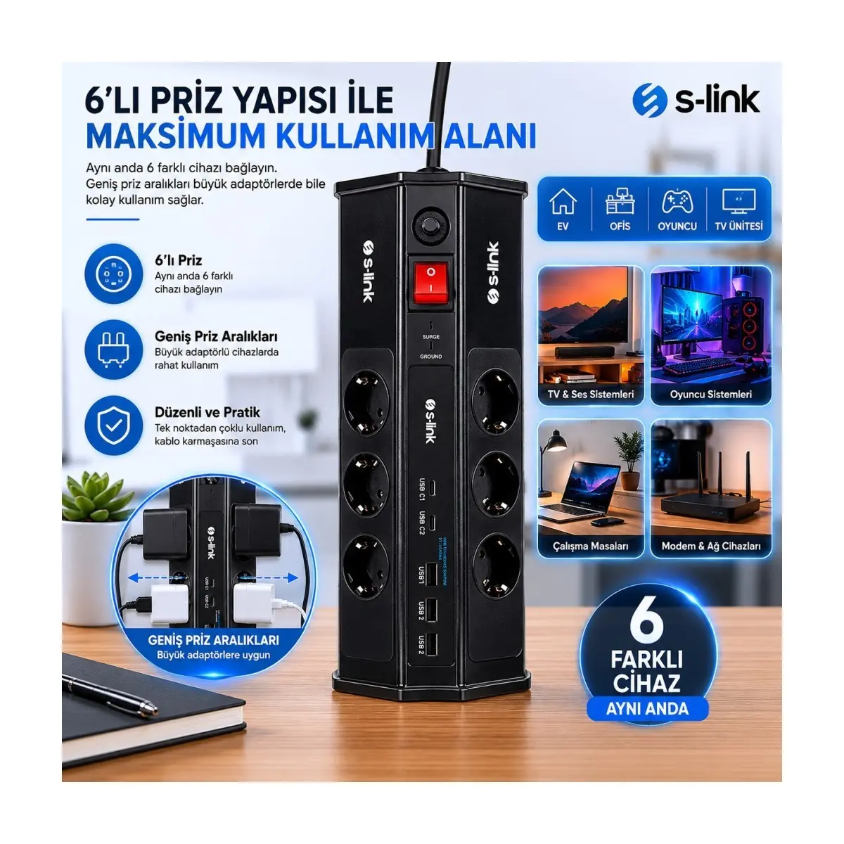 S-Link Prz03 Akim Korumali Priz Prizhive 3M 630 Joule 1.5Mm 2 Usb 2 Typec 2.4A/5V500V 6000V 6Li